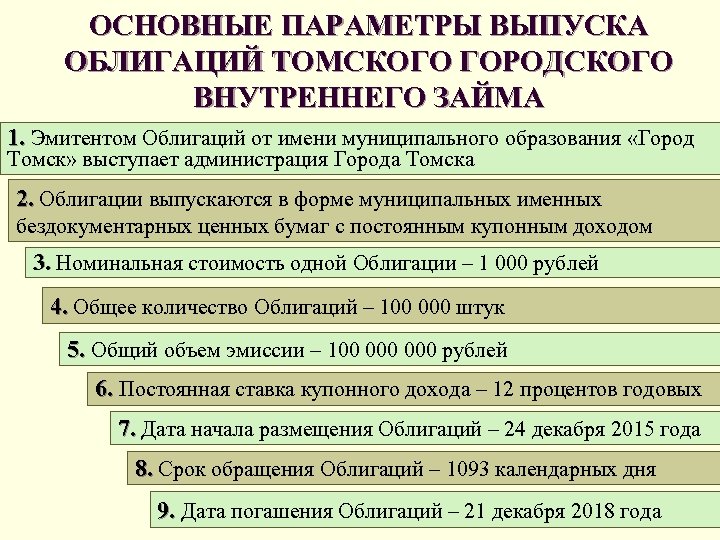 ОСНОВНЫЕ ПАРАМЕТРЫ ВЫПУСКА ОБЛИГАЦИЙ ТОМСКОГО ГОРОДСКОГО ВНУТРЕННЕГО ЗАЙМА 1. Эмитентом Облигаций от имени муниципального