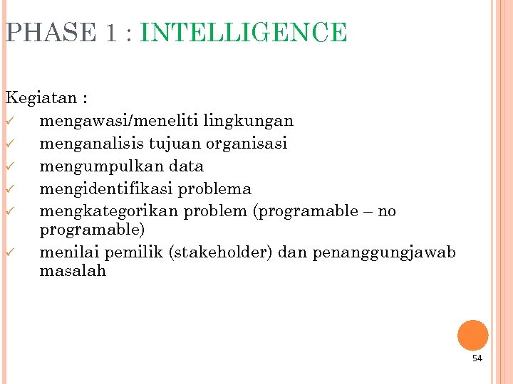 PHASE 1 : INTELLIGENCE Kegiatan : ü mengawasi/meneliti lingkungan ü menganalisis tujuan organisasi ü