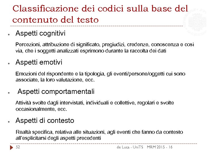 Classificazione dei codici sulla base del contenuto del testo ● Aspetti cognitivi Percezioni, attribuzione