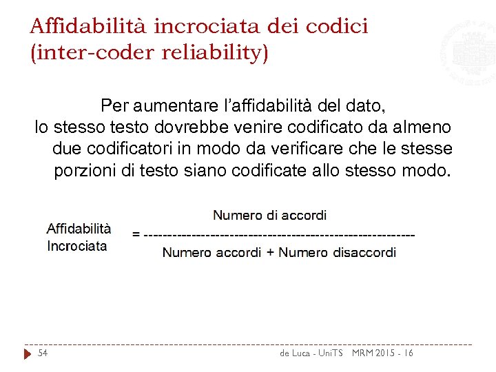 Affidabilità incrociata dei codici (inter-coder reliability) Per aumentare l’affidabilità del dato, lo stesso testo