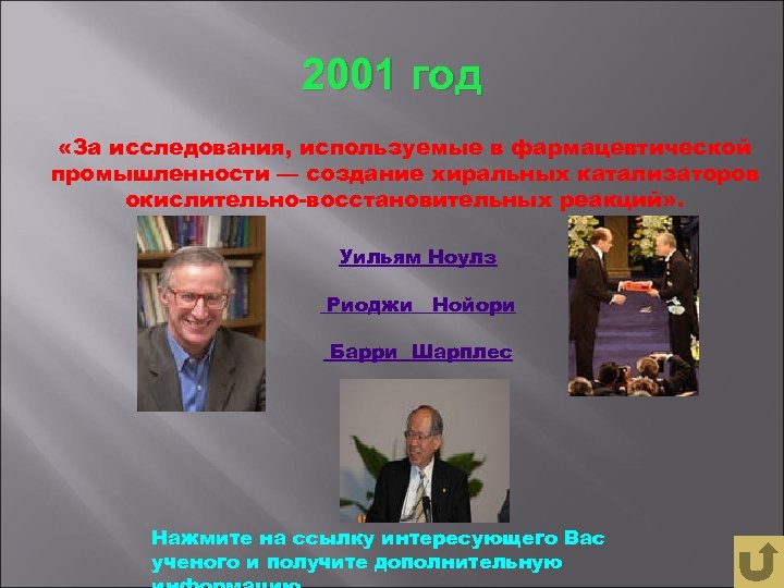 2001 год «За исследования, используемые в фармацевтической промышленности — создание хиральных катализаторов окислительно-восстановительных реакций»