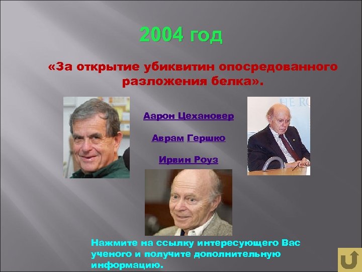 2004 год «За открытие убиквитин опосредованного разложения белка» . Аарон Цехановер Аврам Гершко Ирвин