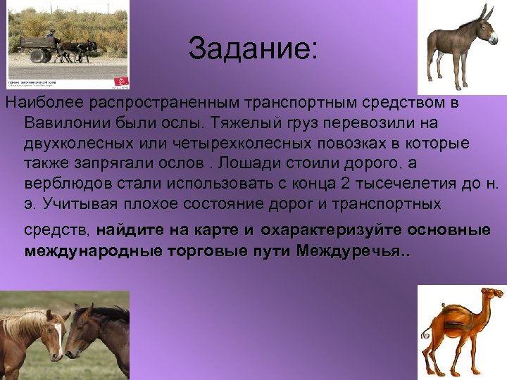 Задание: Наиболее распространенным транспортным средством в Вавилонии были ослы. Тяжелый груз перевозили на двухколесных