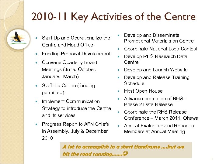 2010 -11 Key Activities of the Centre Start Up and Operationalize the Centre and