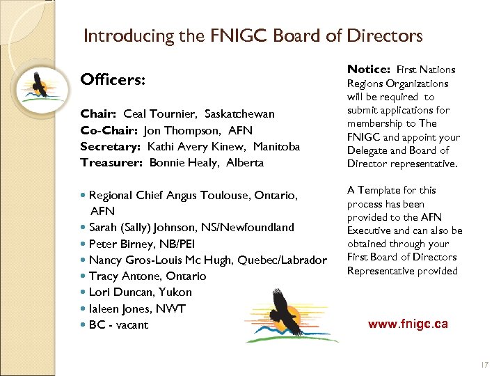 Introducing the FNIGC Board of Directors Officers: Chair: Ceal Tournier, Saskatchewan Co-Chair: Jon Thompson,