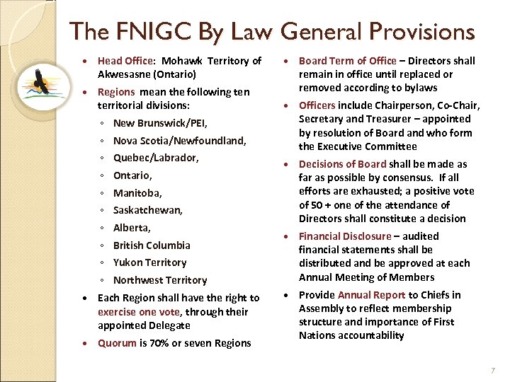 The FNIGC By Law General Provisions Head Office: Mohawk Territory of Akwesasne (Ontario) Regions