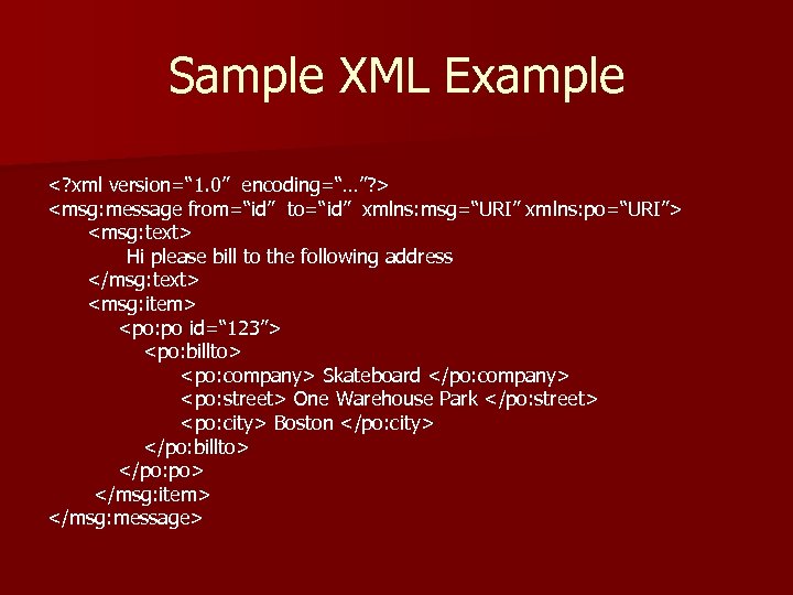Sample XML Example <? xml version=“ 1. 0” encoding=“…”? > <msg: message from=“id” to=“id”