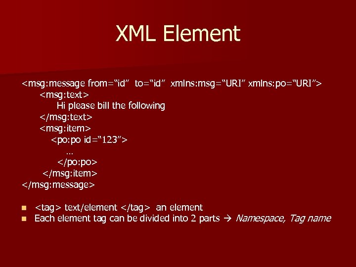 XML Element <msg: message from=“id” to=“id” xmlns: msg=“URI” xmlns: po=“URI”> <msg: text> Hi please