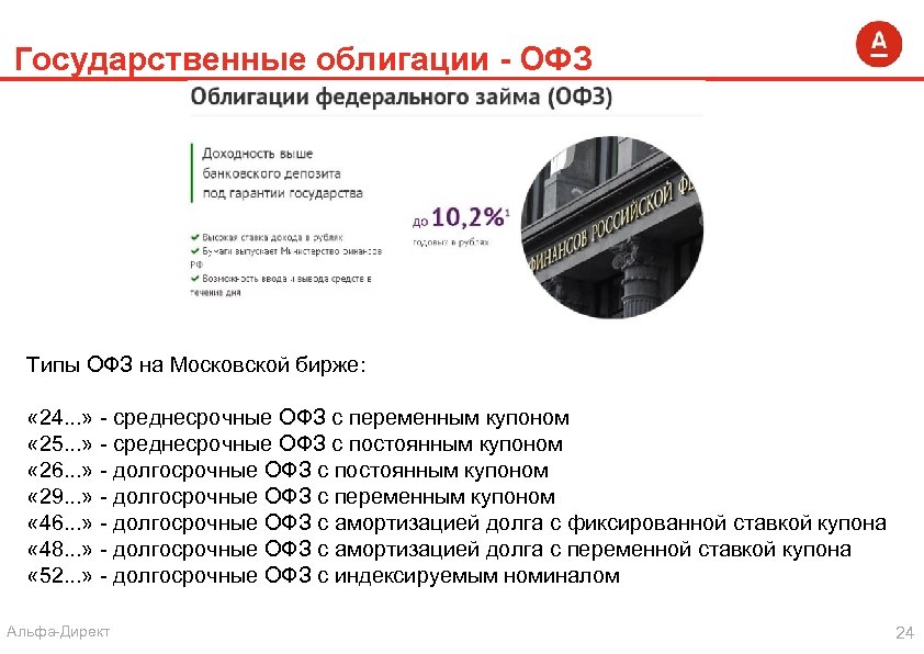 Государственные облигации - ОФЗ Типы ОФЗ на Московской бирже: « 24. . . »