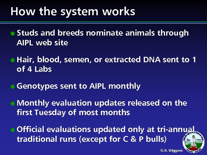 How the system works l l l Studs and breeds nominate animals through AIPL
