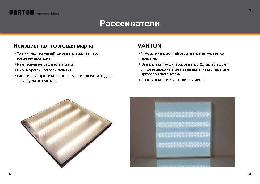 Рассеиватели Неизвестная торговая марка VARTON Тонкий некачественный рассеиватель желтеет и со временем провисает; УФ-стабилизированный