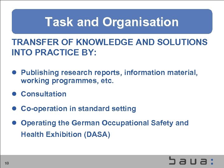 Aufgaben und Organisation der BAu. A Task and Organisation TRANSFER OF KNOWLEDGE AND SOLUTIONS