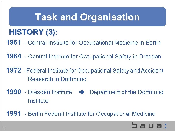 Aufgaben und Organisation der BAu. A Task and Organisation HISTORY (3): 1961 - Central