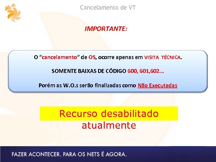 Cancelamento de VT IMPORTANTE: O “cancelamento” de OS, ocorre apenas em VISITA TÉCNICA. SOMENTE