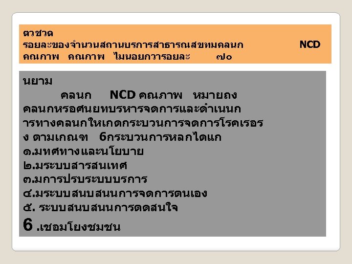 ตวชวด รอยละของจำนวนสถานบรการสาธารณสขทมคลนก คณภาพ ไมนอยกวารอยละ ๗๐ นยาม คลนก NCD คณภาพ หมายถง คลนกหรอศนยทบรหารจดการและดำเนนก ารทางคลนกใหเกดกระบวนการจดการโรคเรอร ง ตามเกณฑ