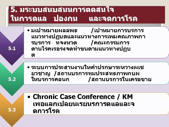 5. มระบบสนบสนนการตดสนใจ ในการดแล ปองกน และจดการโรค 5. 1 • มเปาหมายผลลพธ /เปาหมายการบรการ แนวทางปฏบตและแนวทางการเพมคณภาพกา รบรการ ทจงหวด /คณะกรรมการ