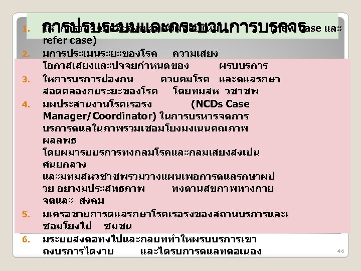 1. 2. 3. 4. 5. 6. ให การวนจฉยและลงทะเบยนผปวยใหม (new case และ การปรบระบบและกระบวนการบรการ refer case)