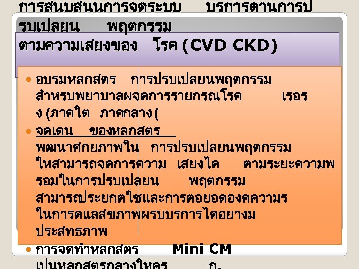 การสนบสนนการจดระบบ บรการดานการป รบเปลยน พฤตกรรม ตามความเสยงของ โรค (CVD CKD) อบรมหลกสตร การปรบเปลยนพฤตกรรม สำหรบพยาบาลผจดการรายกรณโรค เรอร ง (ภาคใต