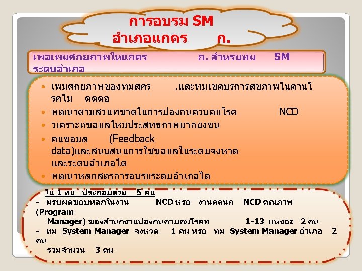 การอบรม SM อำเภอแกคร ก. เพอเพมศกยภาพใหแกคร ระดบอำเภอ ก. สำหรบทม SM เพมศกยภาพของทมสคร. และทมเขตบรการสขภาพในดานโ รคไม ตดตอ พฒนาตามสวนทขาดในการปองกนควบคมโรค