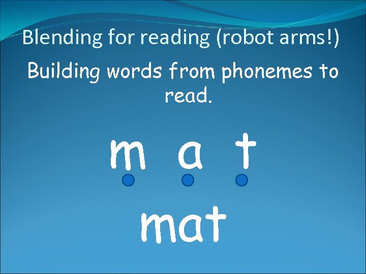 Blending for reading (robot arms!) Building words from phonemes to read. m a t