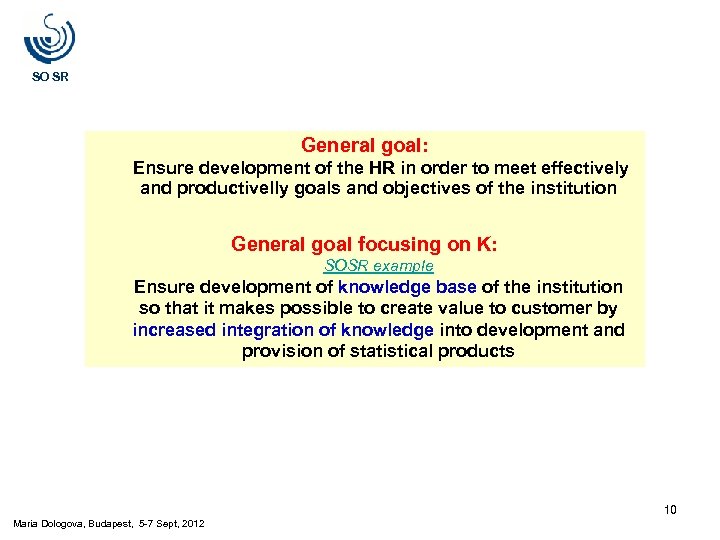 SO SR General goal: Ensure development of the HR in order to meet effectively
