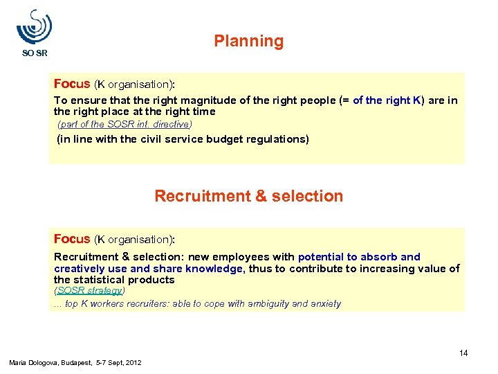 Planning SO SR Focus (K organisation): To ensure that the right magnitude of the