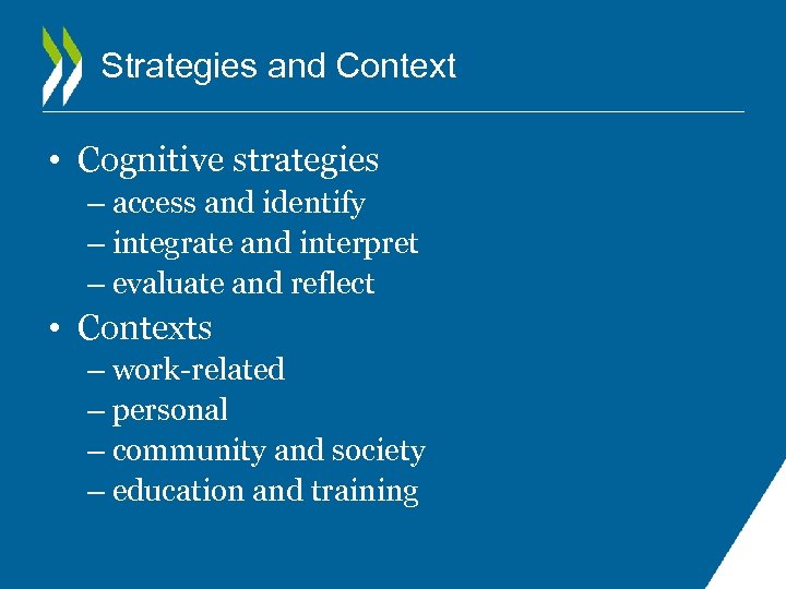 Strategies and Context • Cognitive strategies – access and identify – integrate and interpret