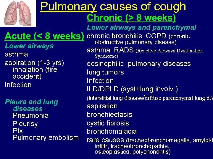 Pulmonary causes of cough Chronic (> 8 weeks) Acute (< 8 weeks) Lower airways