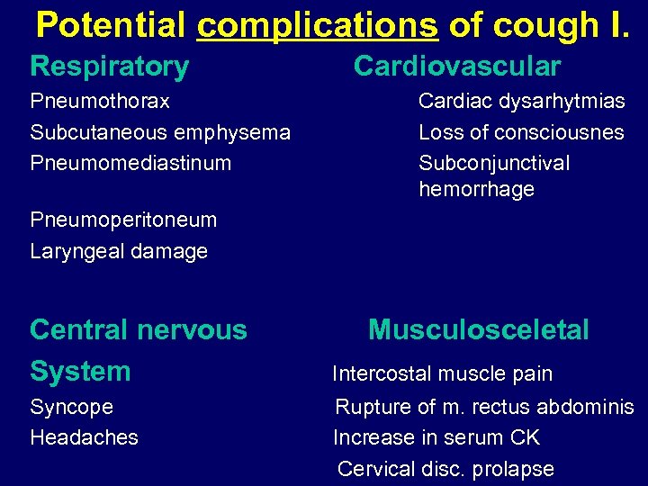 Potential complications of cough I. Respiratory Pneumothorax Subcutaneous emphysema Pneumomediastinum Cardiovascular Cardiac dysarhytmias Loss