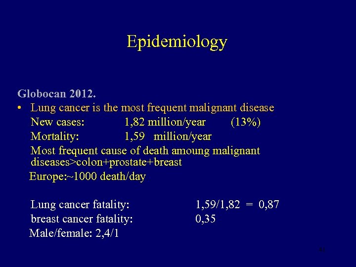 Epidemiology Globocan 2012. • Lung cancer is the most frequent malignant disease New cases: