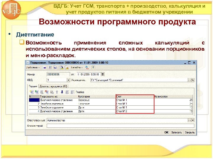 ВДГБ: Учет ГСМ, транспорта + производство, калькуляция и учет продуктов питания в бюджетном учреждении