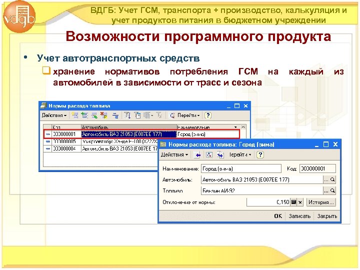ВДГБ: Учет ГСМ, транспорта + производство, калькуляция и учет продуктов питания в бюджетном учреждении