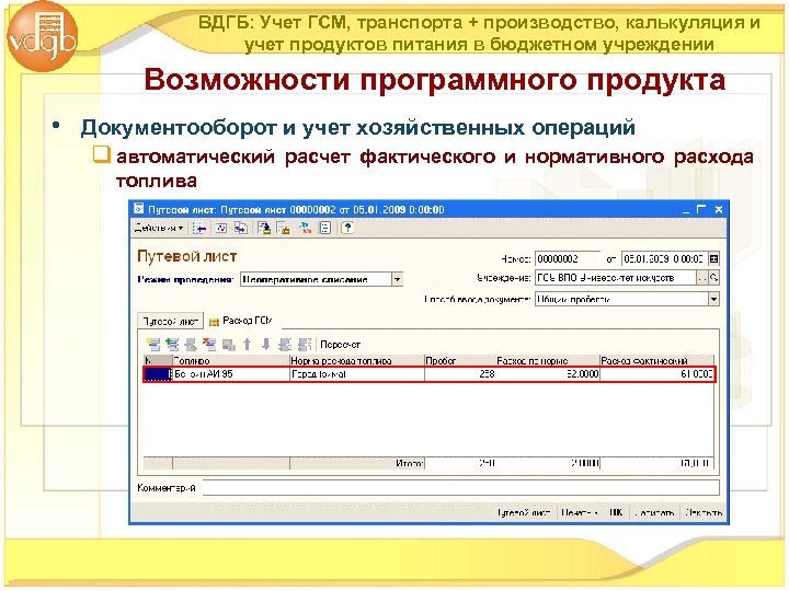 ВДГБ: Учет ГСМ, транспорта + производство, калькуляция и учет продуктов питания в бюджетном учреждении