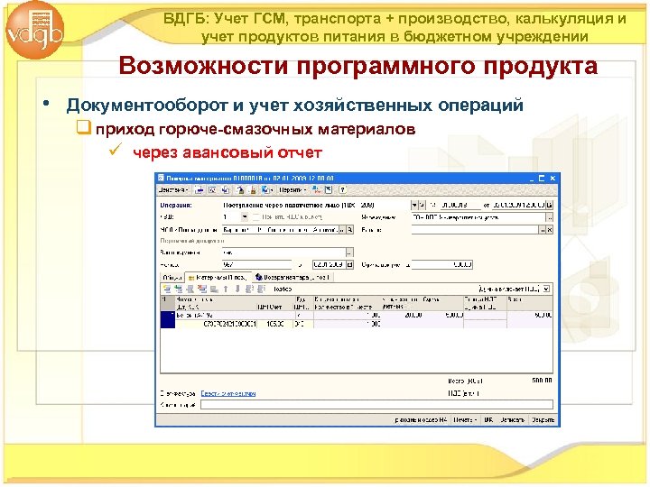 ВДГБ: Учет ГСМ, транспорта + производство, калькуляция и учет продуктов питания в бюджетном учреждении