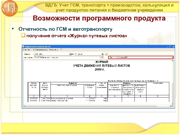 ВДГБ: Учет ГСМ, транспорта + производство, калькуляция и учет продуктов питания в бюджетном учреждении