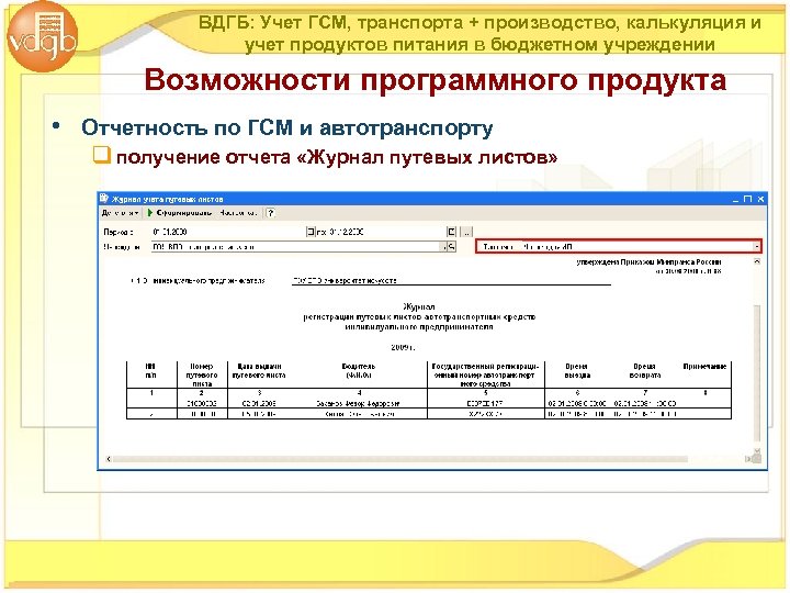 ВДГБ: Учет ГСМ, транспорта + производство, калькуляция и учет продуктов питания в бюджетном учреждении