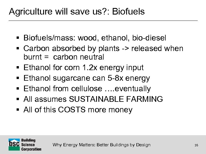 Agriculture will save us? : Biofuels § Biofuels/mass: wood, ethanol, bio-diesel § Carbon absorbed