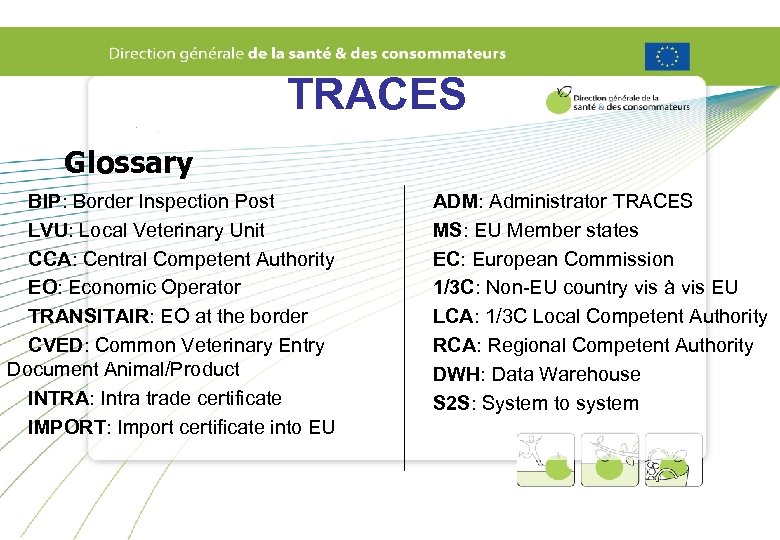 TRACES Glossary BIP: Border Inspection Post LVU: Local Veterinary Unit CCA: Central Competent Authority