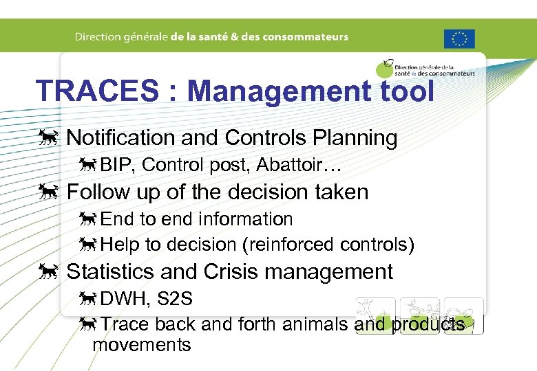 TRACES : Management tool õ Notification and Controls Planning õBIP, Control post, Abattoir… õ