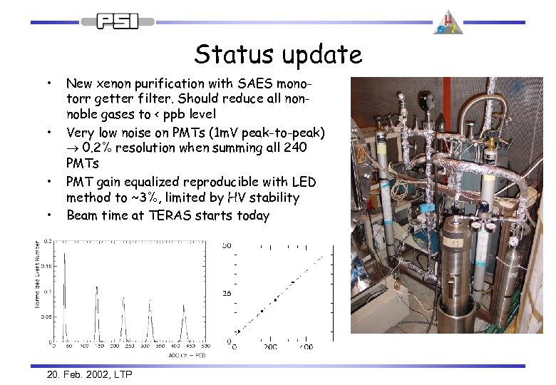 Status update • • New xenon purification with SAES monotorr getter filter. Should reduce