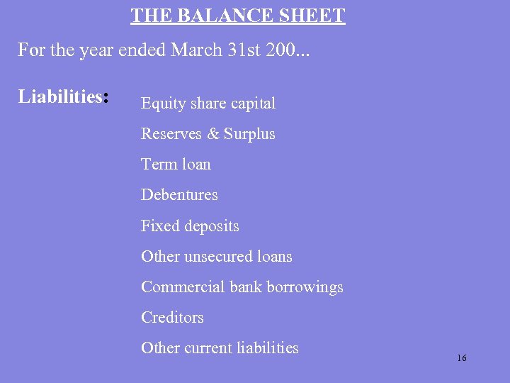 THE BALANCE SHEET For the year ended March 31 st 200. . . Liabilities: