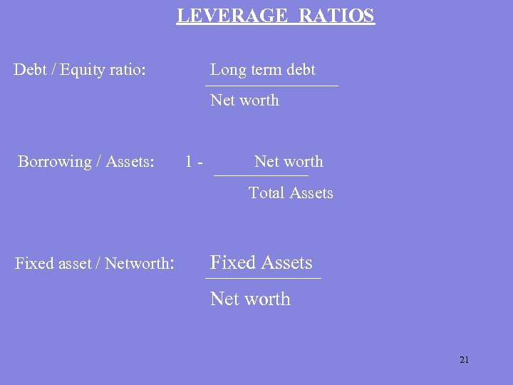 LEVERAGE RATIOS Debt / Equity ratio: Long term debt Net worth Borrowing / Assets: