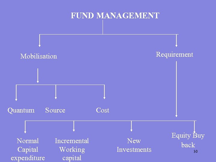 FUND MANAGEMENT Requirement Mobilisation Quantum Normal Capital expenditure Source Incremental Working capital Cost New