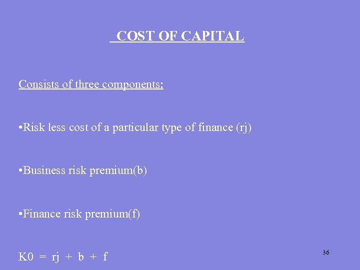 COST OF CAPITAL Consists of three components: • Risk less cost of a particular