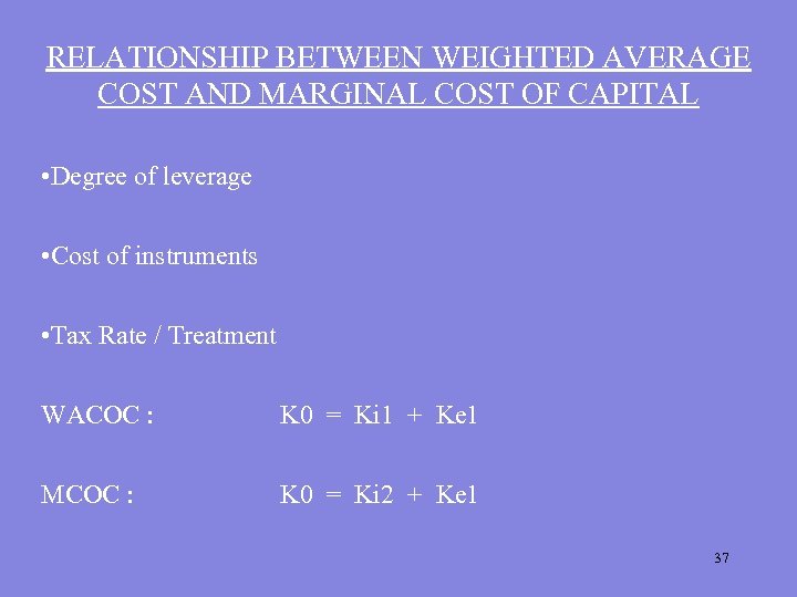 RELATIONSHIP BETWEEN WEIGHTED AVERAGE COST AND MARGINAL COST OF CAPITAL • Degree of leverage