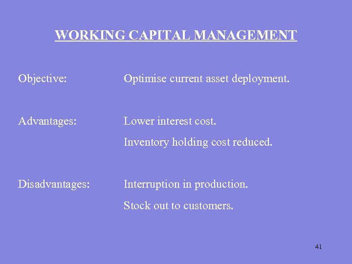 WORKING CAPITAL MANAGEMENT Objective: Optimise current asset deployment. Advantages: Lower interest cost. Inventory holding