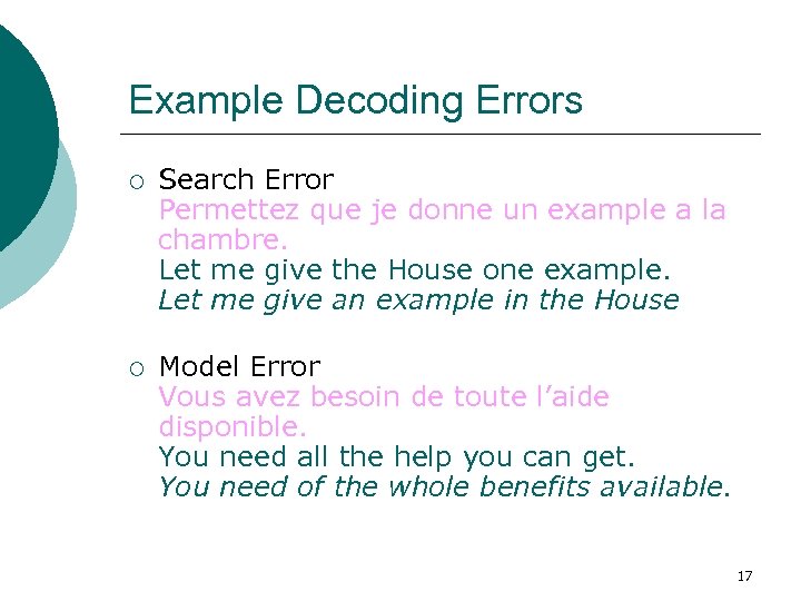 Example Decoding Errors ¡ Search Error Permettez que je donne un example a la