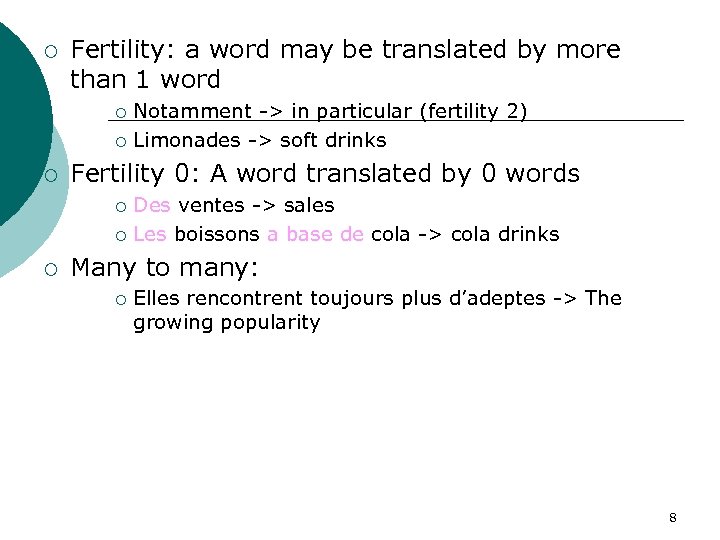 ¡ Fertility: a word may be translated by more than 1 word Notamment ->