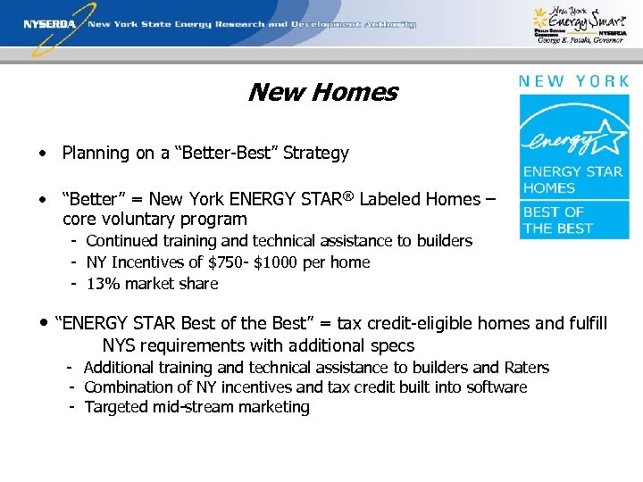 New Homes • Planning on a “Better-Best” Strategy • “Better” = New York ENERGY