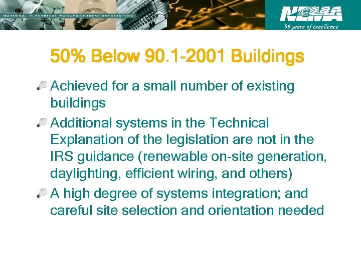 80 years of excellence 50% Below 90. 1 -2001 Buildings Achieved for a small